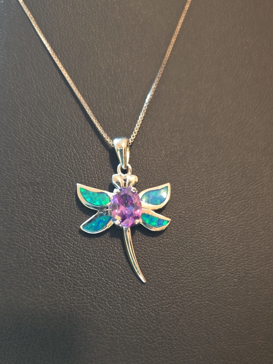 Hand Crafted Jewelry - Silver Dragonfly Pendant Necklace with Amethyst Center and Blue-Green Opal Wings